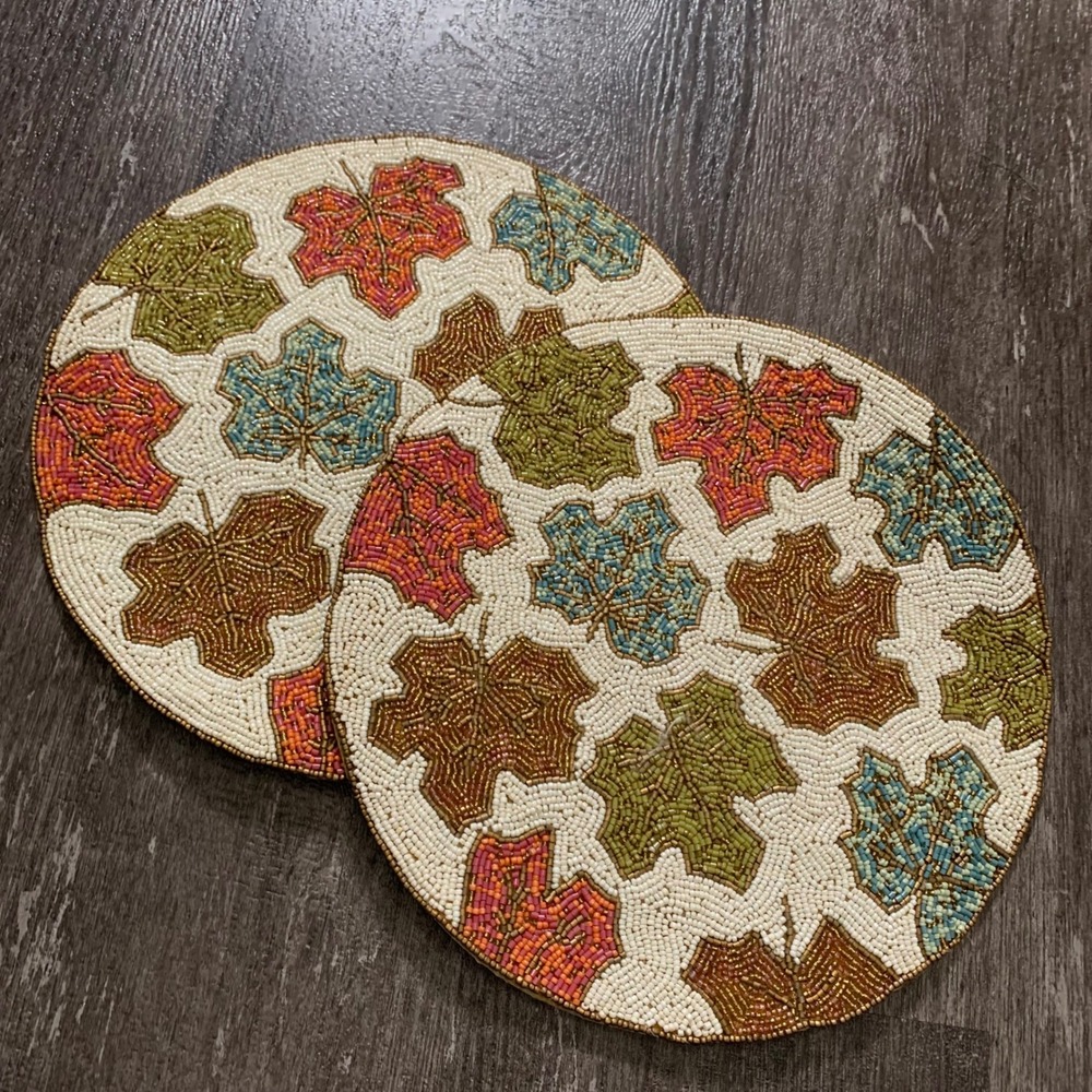 Tahari Home Beaded Charger Plates 14 Inch Round Autumn Leaf Design Set of 2